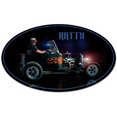 Ratty Rat Rod Oval Metal Sign - 24" x 14"