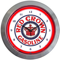 Red Crown Gasoline Neon Wall Clock with Chrome Rim - 15" Round