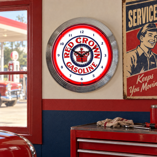 Red Crown Gasoline Neon Wall Clock, 15 Inch Chrome Rim