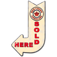 Red Crown Sold Here Arrow Metal Sign - 15" x 24"
