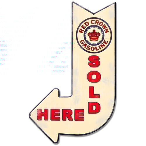 Red Crown Sold Here Arrow Metal Sign - 15" x 24"