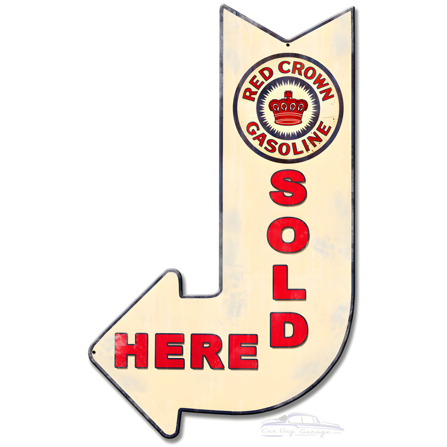 Red Crown Sold Here Arrow Metal Sign - 15" x 24"