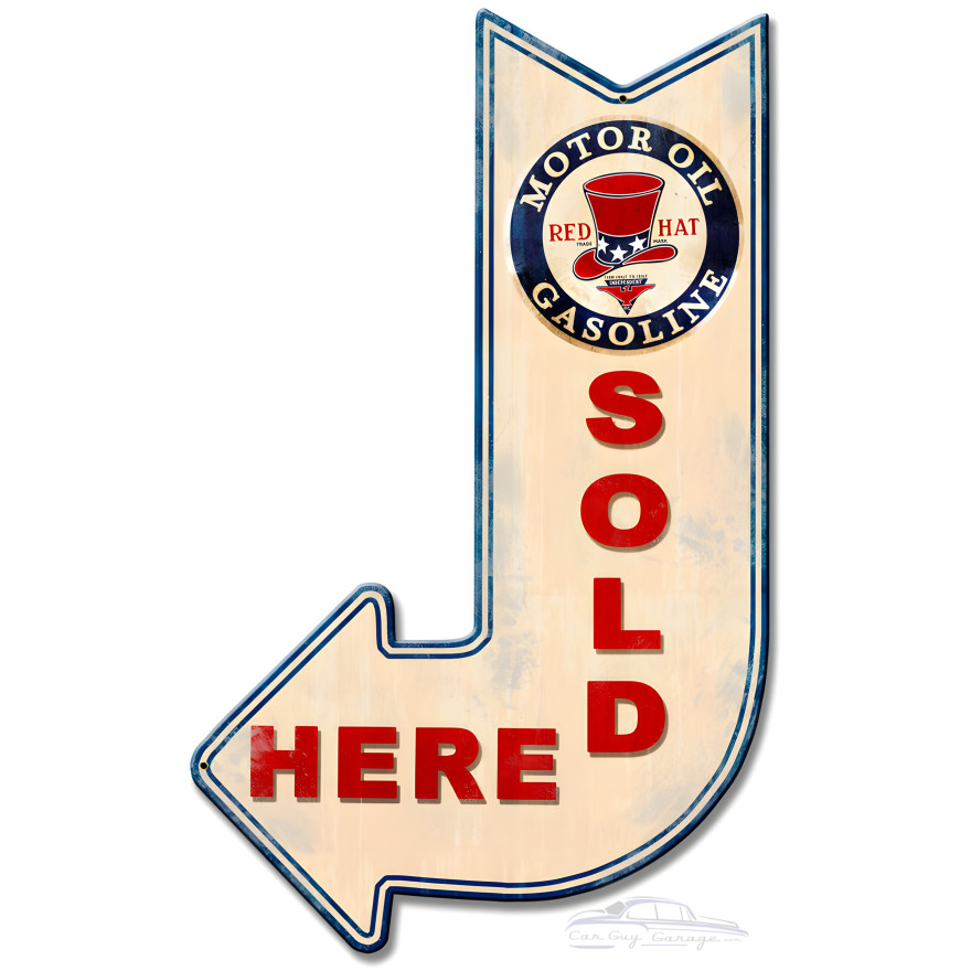 Red Hat sold here arrow metal sign - 15" x 24"