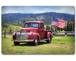 Red Truck American Flag Metal Sign - 18" x 12"