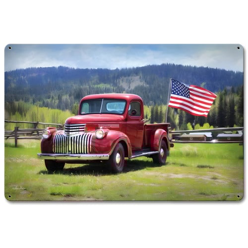 Red Truck American Flag Metal Sign - 18" x 12"