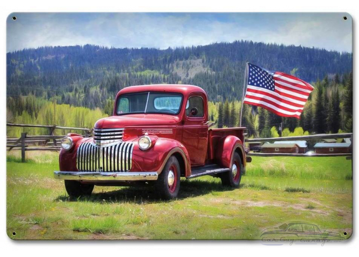 Red Truck American Flag Metal Sign