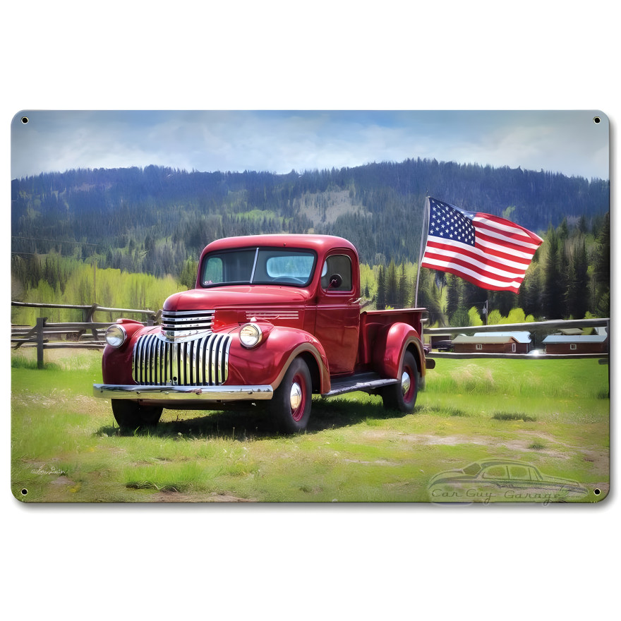 Red Truck American Flag Metal Sign - 18" x 12"