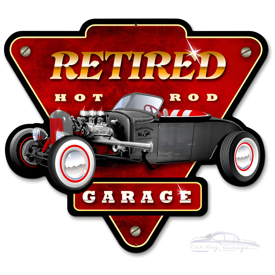Retired Hot Rod Garage Metal Sign - 15" x 14"