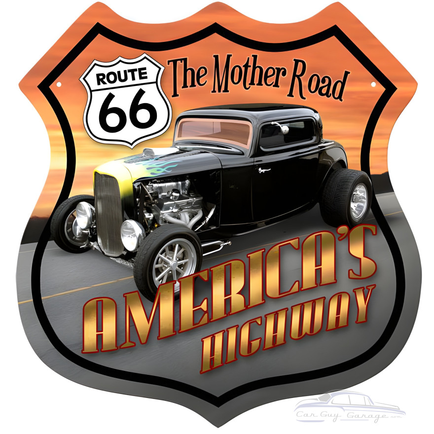 Route 66 Hotrod Metal Sign - 15" x 15"