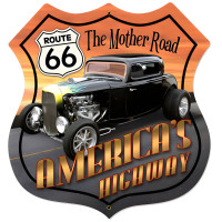 Route 66 Hot Rod Metal Sign - 28" x 28" Custom Shape