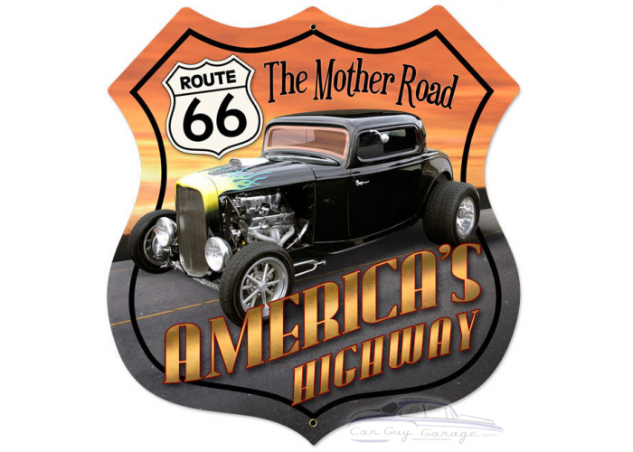 Route 66 Hot Rod Metal Sign - 28" x 28"