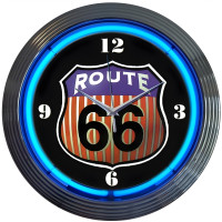 Route 66 Blue Neon Wall Clock - 15" Round