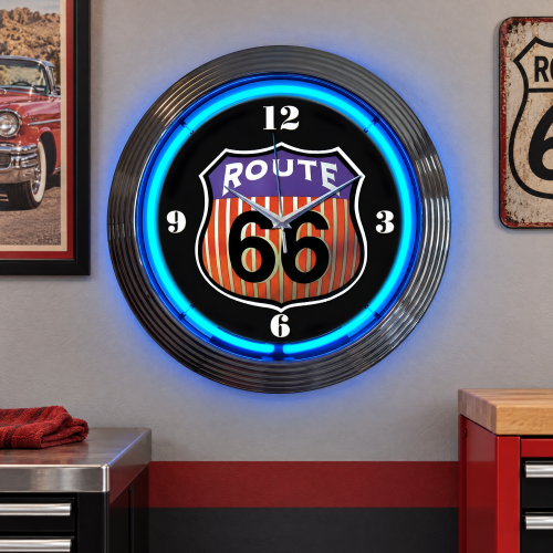 Route 66 Neon Wall Clock with Blue Glass Neon - 15 Inch