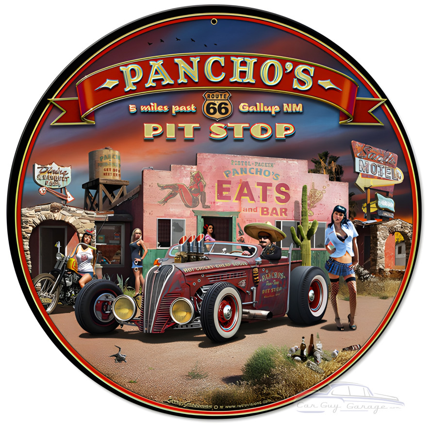 Route 66 Pancho's Metal Sign - 14" Round
