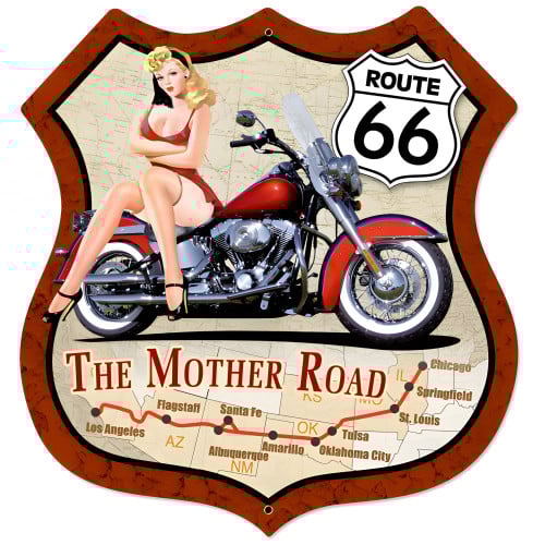 Route 66 Pinup Metal Sign - 28" x 28" Custom Shape