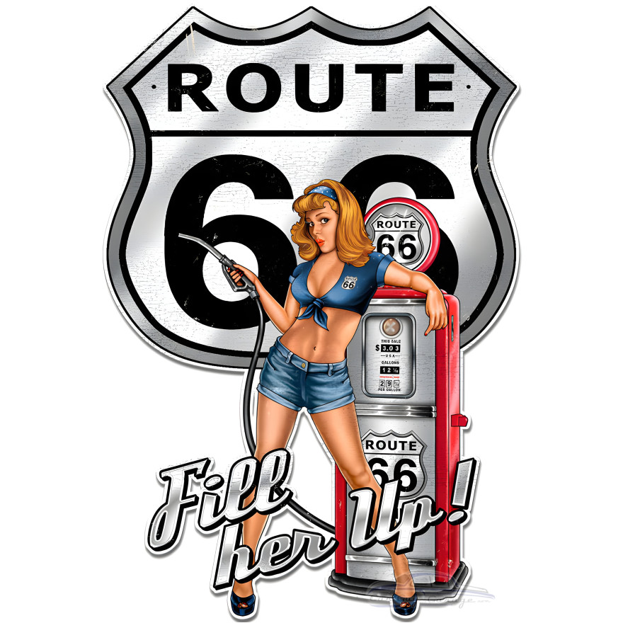 Route 66 Fill Her Up Metal Sign - 16" x 24" Custom Shape