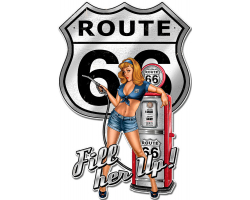 Route 66 Pin Up Fill Her Up Metal Sign - 12" x 18" Custom Shape