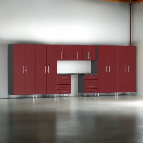 Red Modular 10 Piece Garage Cabinet Kit with Recessed Worktop