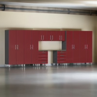Red Modular 10-Piece Garage Cabinet Set with Bamboo Butcher Block Top