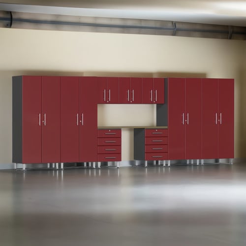 Red Modular 10 Piece Garage Cabinet Kit with Bamboo Worktop