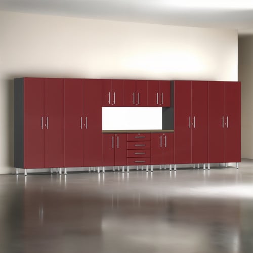 Red Modular 11 Piece Garage Cabinet Kit with Bamboo Worktop
