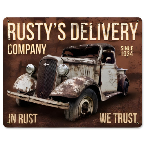 Rusty's Delivery Co. In Rust We Trust Metal Sign - 15" x 12"