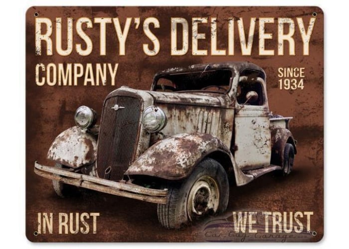 Rusty's Delivery Co. In Rust We Trust Metal Sign