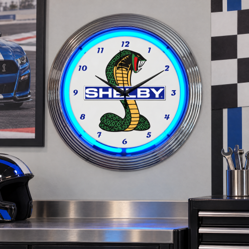 Shelby Cobra Ford Mustang Blue Neon Wall Clock - 15-Inch Round