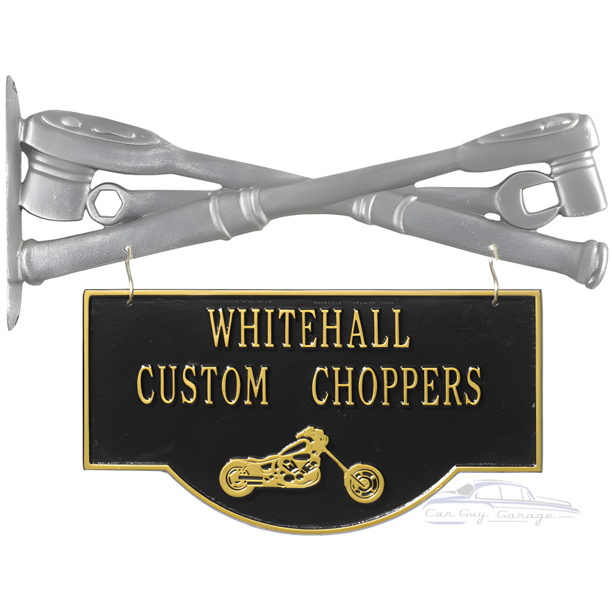Personalized Cast Aluminum 2-Sided Hanging Garage Chopper Plaque Personalized Cast Aluminum 2-Sided Hanging Garage Chopper Plaque
