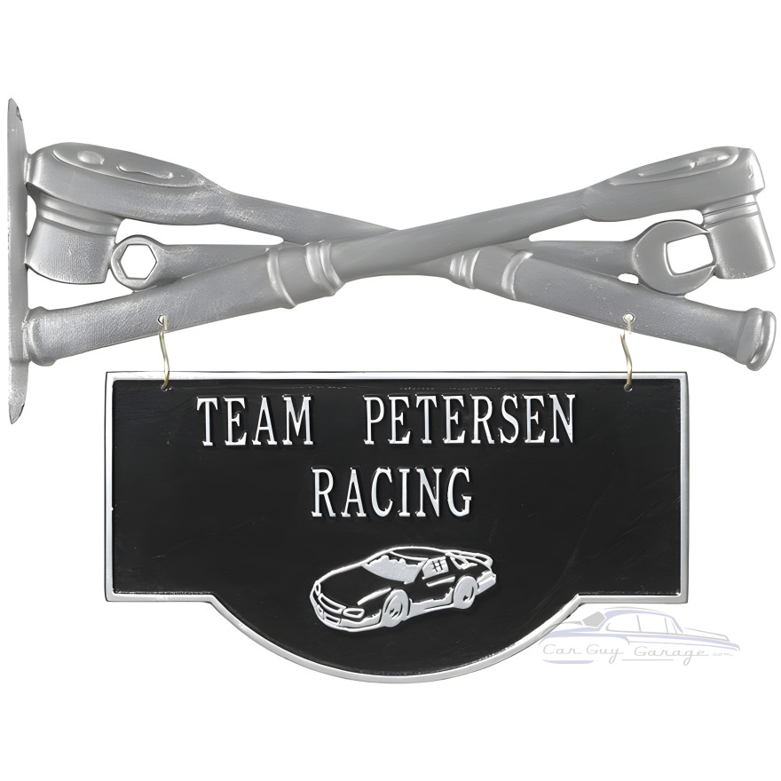 Personalized Cast Aluminum 2-Sided Hanging Garage Racecar Plaque Personalized Cast Aluminum 2-Sided Hanging Garage Racecar Plaque