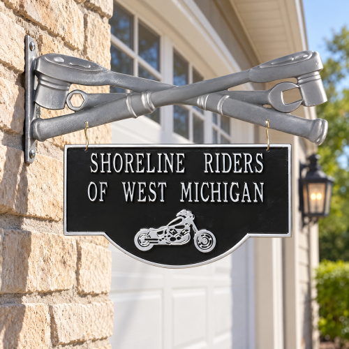 Personalized Motorcycle Garage Sign with Wrench Bracket