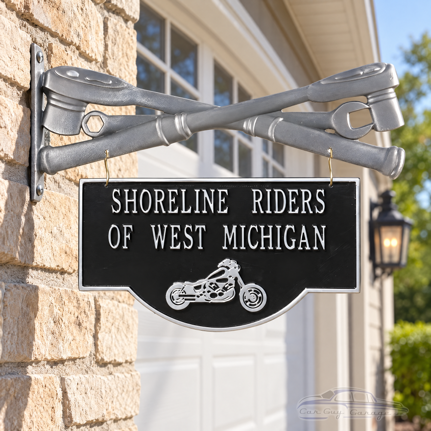 Personalized Motorcycle Garage Sign with Wrench Bracket