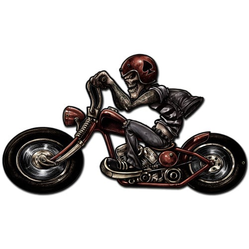 Skull Biker Left Metal Sign - 24" x 14"
