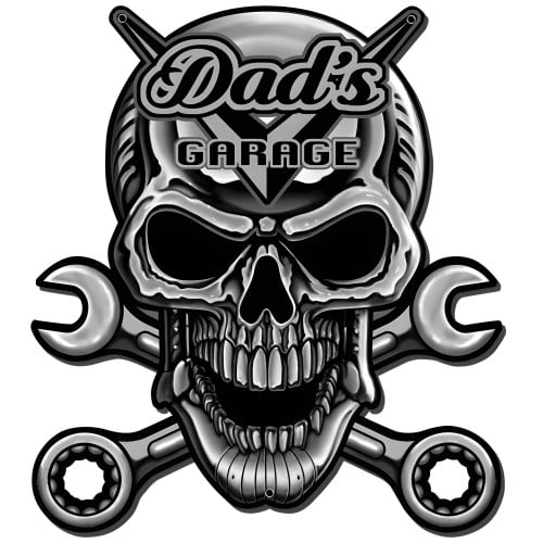 Dad's Garage Skull Chrome Metal Sign - 18" x 18"