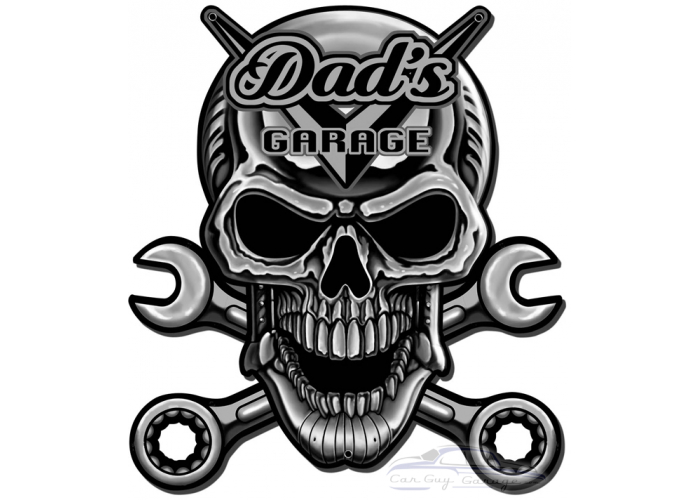 Dad's Garage Skull Chrome Metal Sign