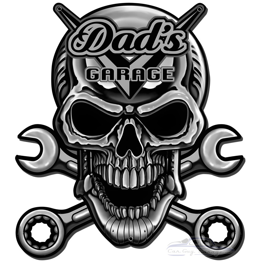 Dad's Garage Skull Chrome Metal Sign - 18" x 18"