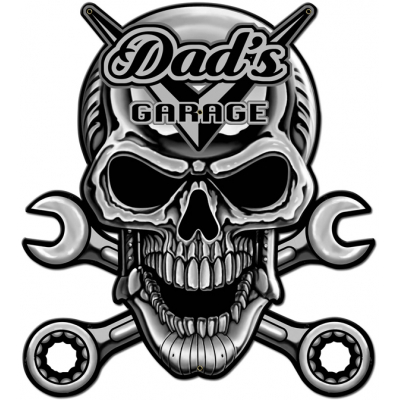 Dad's Garage Skull Chrome Metal Sign