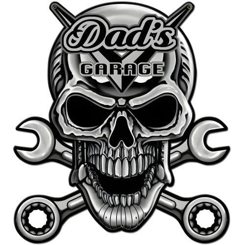 Dad's Garage Skull Chrome Metal Sign - 24" x 24"