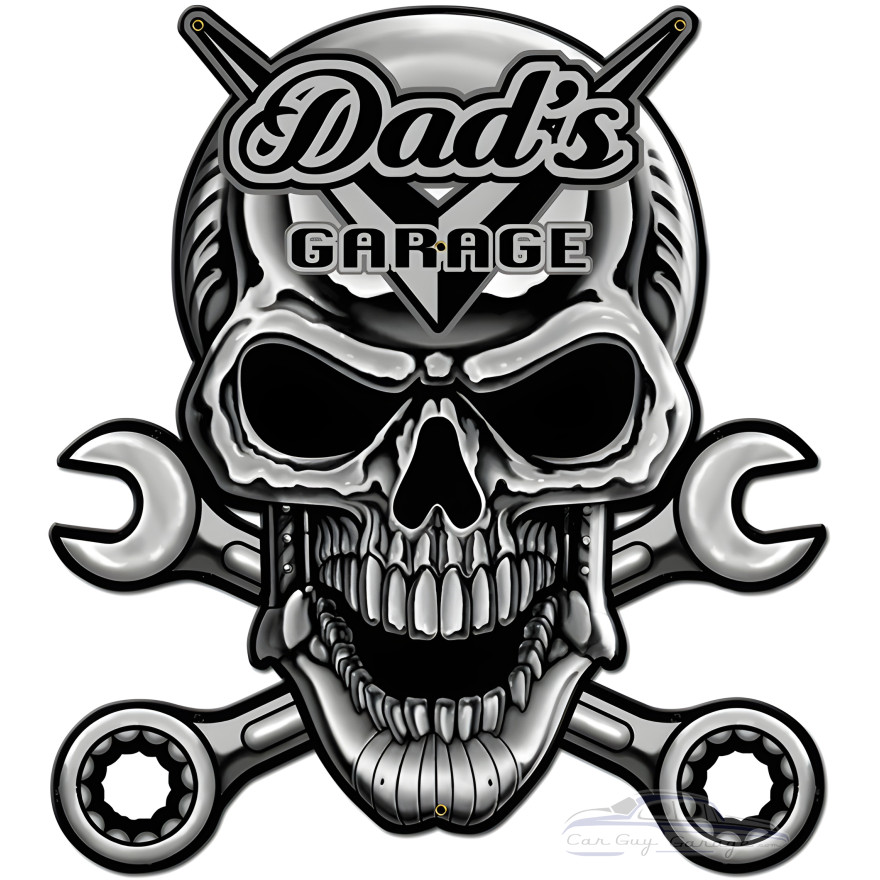 Dad's Garage Skull Chrome Metal Sign - 24" x 24"