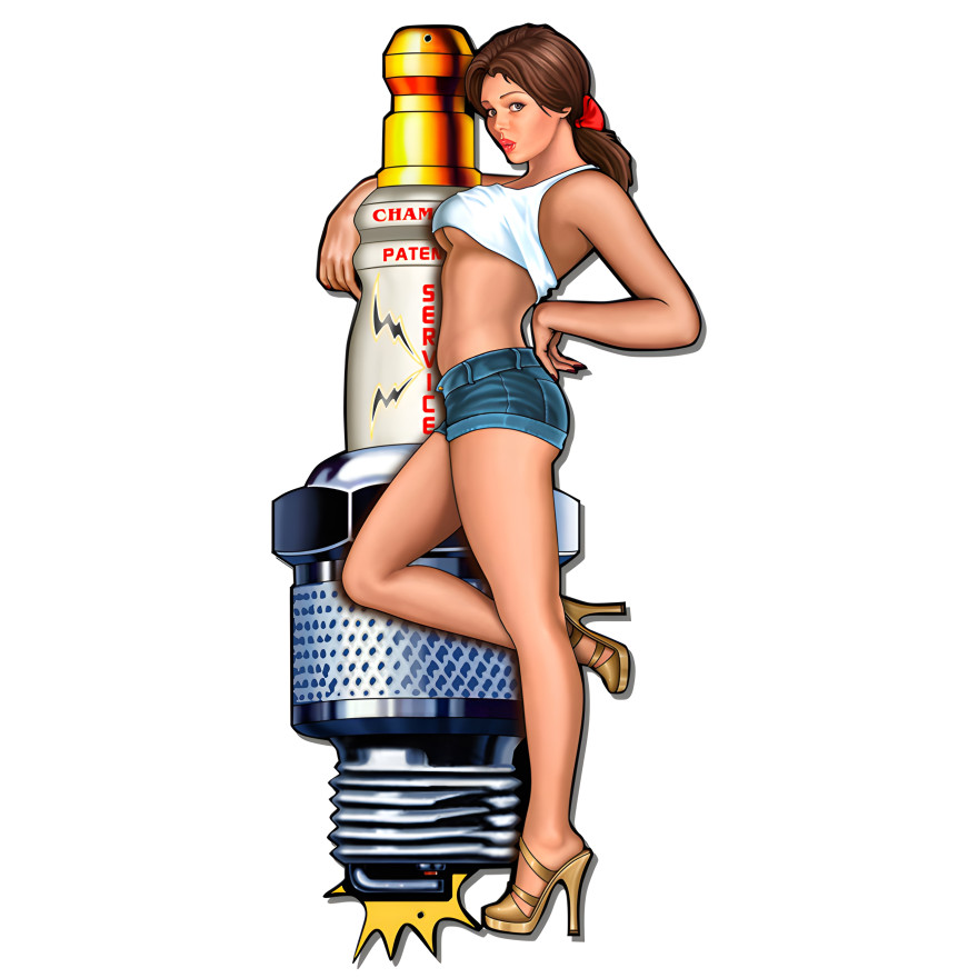 Spark Plug Girl Metal Sign - 18" x 38"