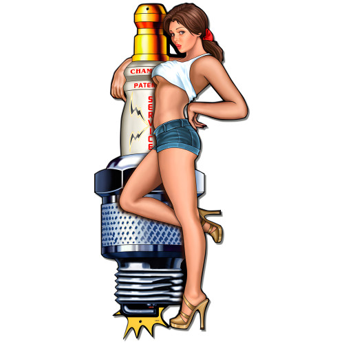 Spark Plug Girl Metal Sign - 16" x 34"