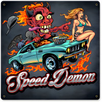 Speed Demon Flaming Hot Rod Metal Sign - 12" x 12"