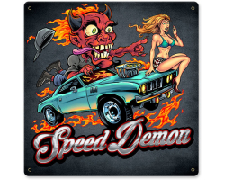 Speed Demon Flaming Hot Rod Metal Sign - 12" x 12"