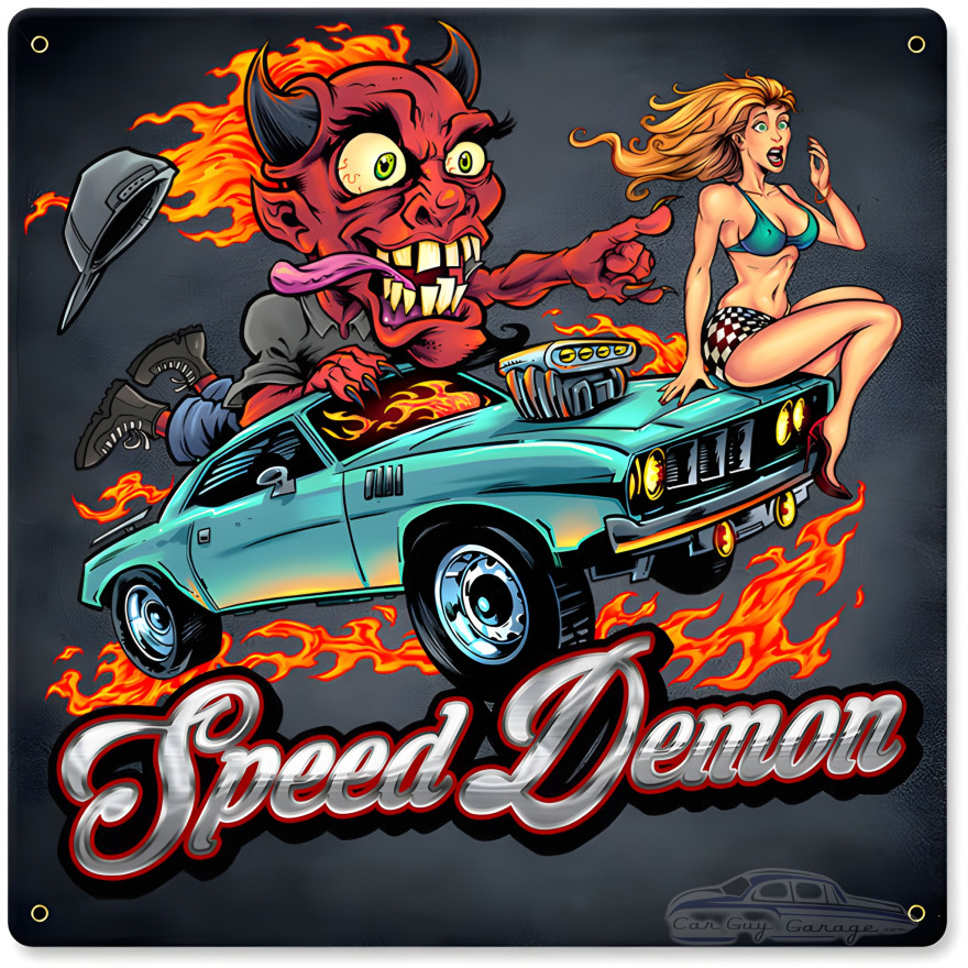 Speed Demon Flaming Hot Rod Metal Sign - 12" x 12"