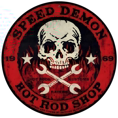 Speed Demon Red Skull Metal Sign - 14" Round