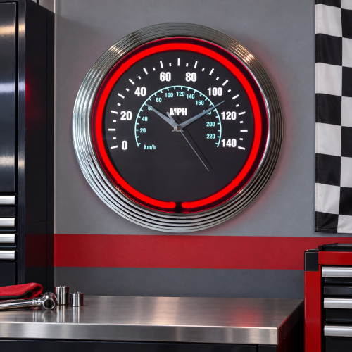 Speedometer Red Neon Garage Wall Clock - 15 Inch Round