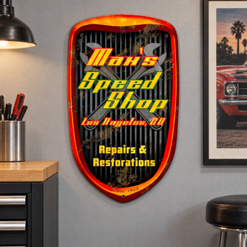 Personalized Speed Shop Grill Metal Sign - 14" x 24"