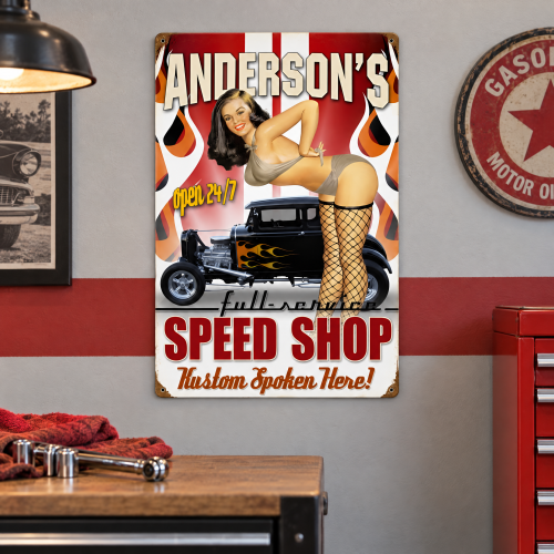 Vintage Speed Shop Pin-Up Hot Rod Metal Sign - 16" x 24"