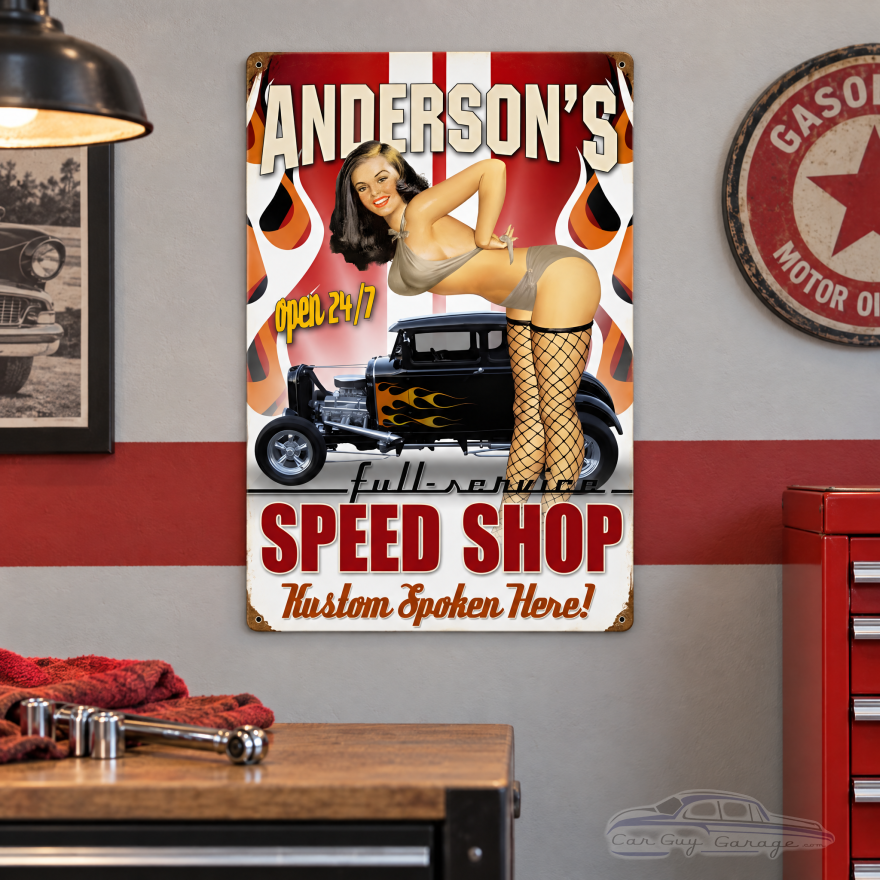 Vintage Speed Shop Pin-Up Hot Rod Metal Sign - 16" x 24"