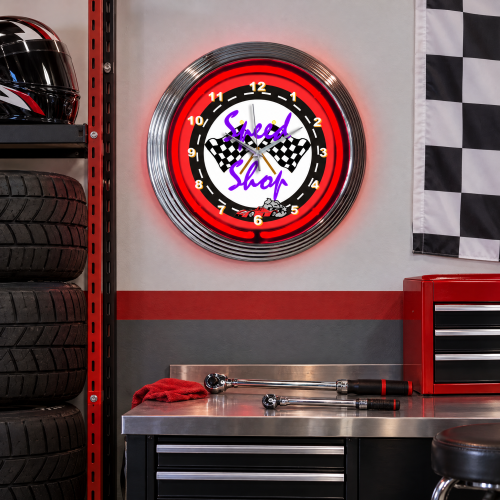 Speed Shop Racing Red Neon Garage Clock - 15 Inch Round